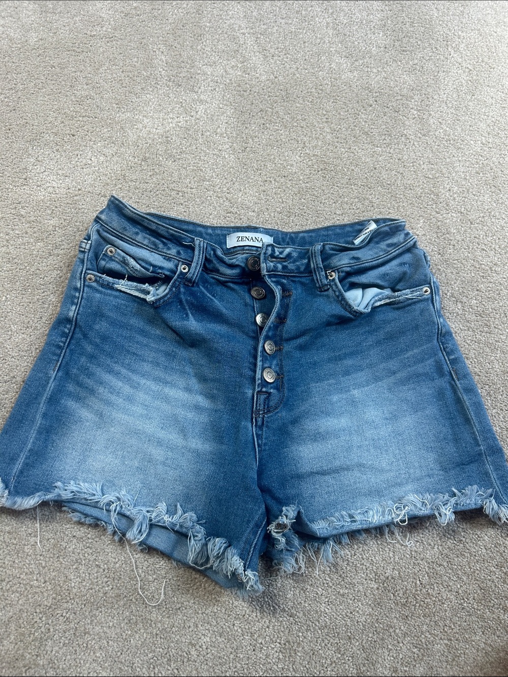 Zenana Outfitters Distressed Button-Front Denim Shorts - Blue